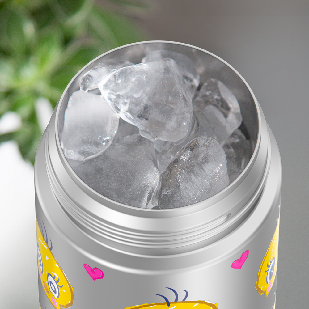 16-ounce Tweety Bird, Pink Funtainer water bottle, opened and full of ice.