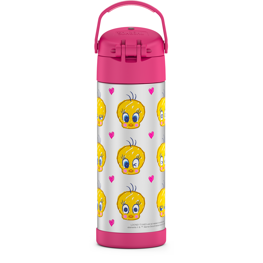 16-ounce Funtainer Stainless Steel Water Bottle with Spout,  back view, handle up, Tweety Bird, Pink.