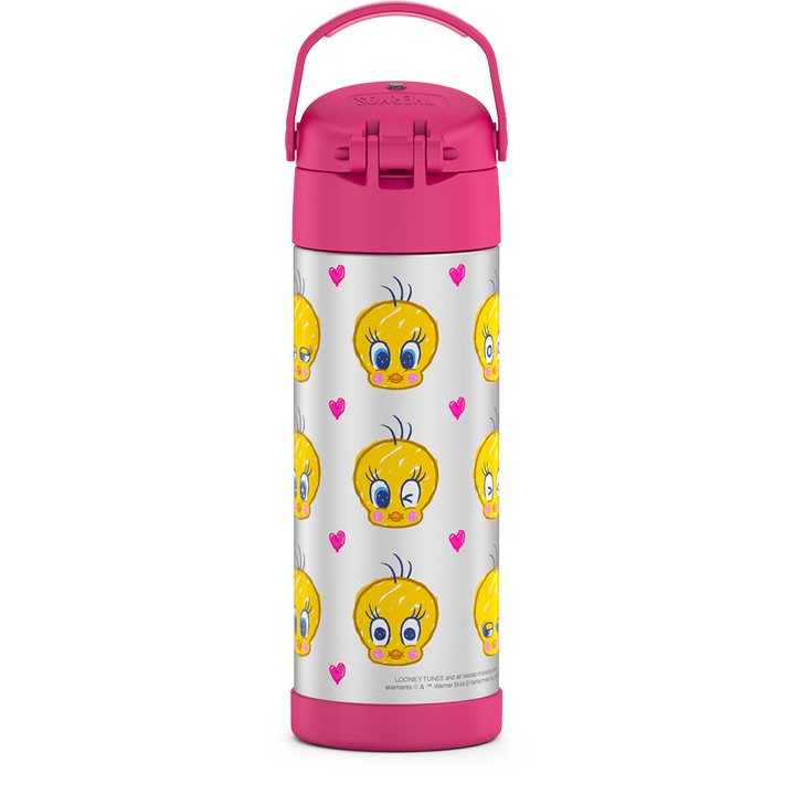 16-ounce Funtainer Stainless Steel Water Bottle with Spout,  back view, handle up, Tweety Bird, Pink.