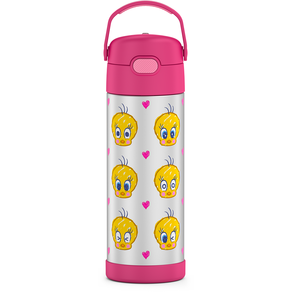 16-ounce Funtainer Stainless Steel Water Bottle with Spout, Tweety Bird, Pink, front view, handle up.
