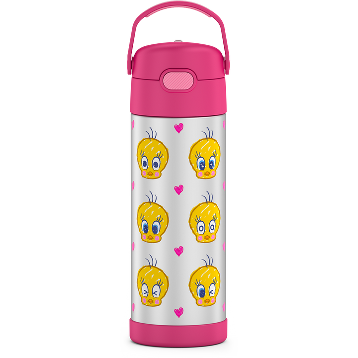 16-ounce Funtainer Stainless Steel Water Bottle with Spout, Tweety Bird, Pink, front view, handle up.