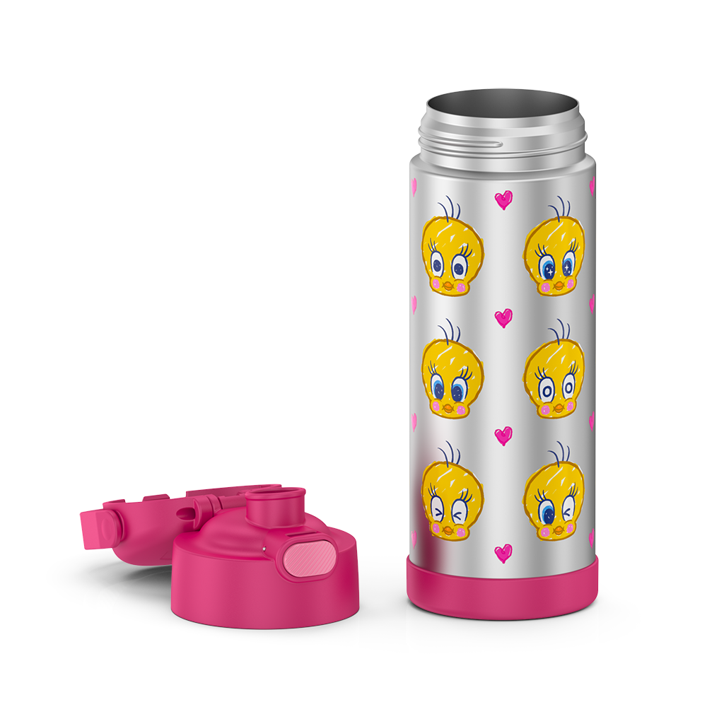 16-ounce Funtainer Stainless Steel Water Bottle with Spout, Tweety Bird, Pink, lid removed and open.