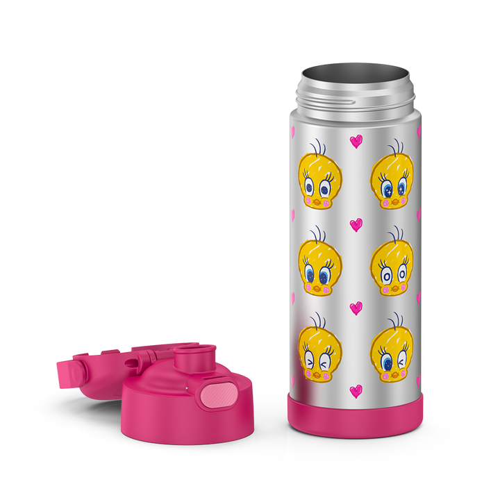 16-ounce Funtainer Stainless Steel Water Bottle with Spout, Tweety Bird, Pink, lid removed and open.