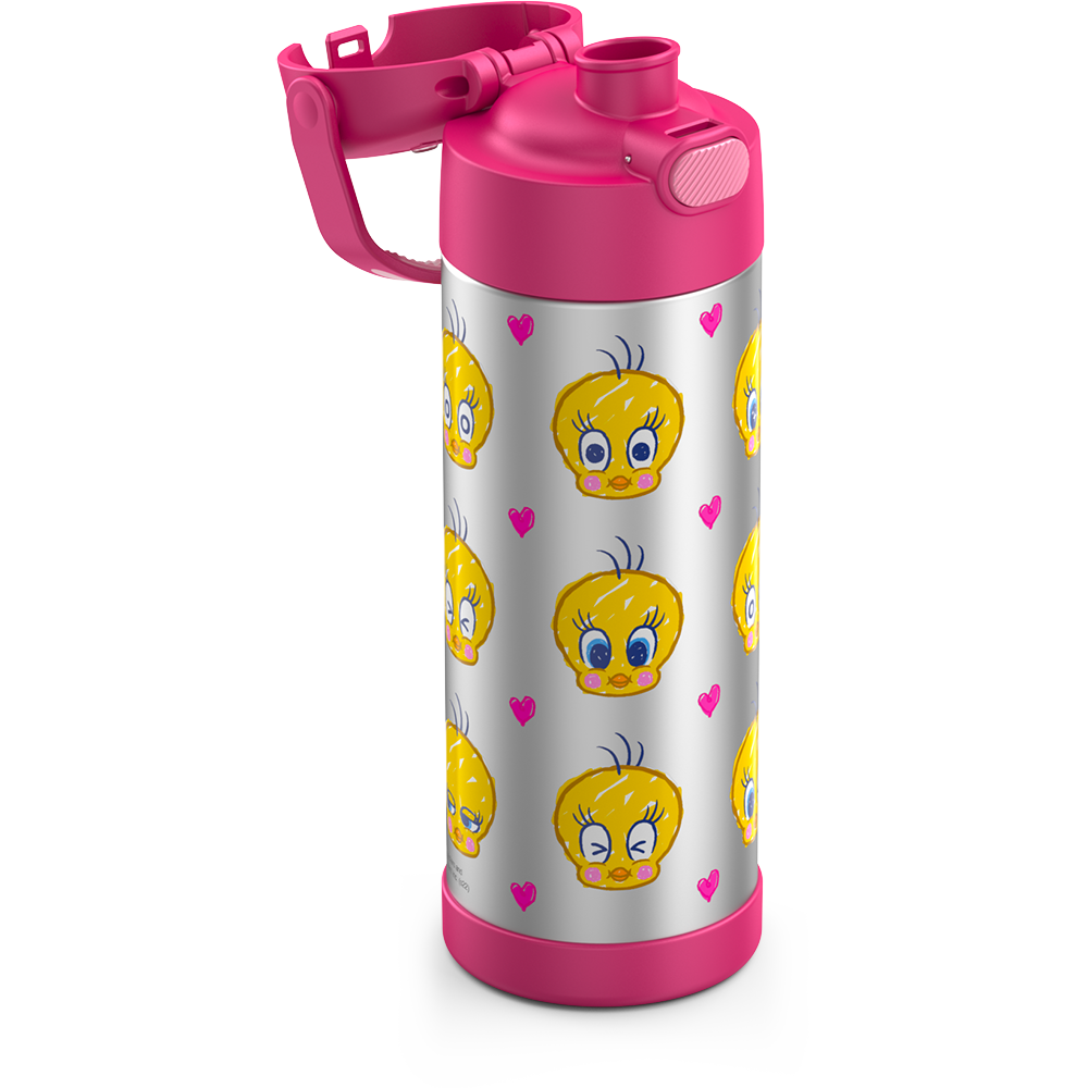 16-ounce Funtainer Stainless Steel Water Bottle with Spout, Tweety Bird, Pink, side view, lid open showing spout.