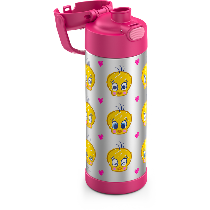 16-ounce Funtainer Stainless Steel Water Bottle with Spout, Tweety Bird, Pink, side view, lid open showing spout.