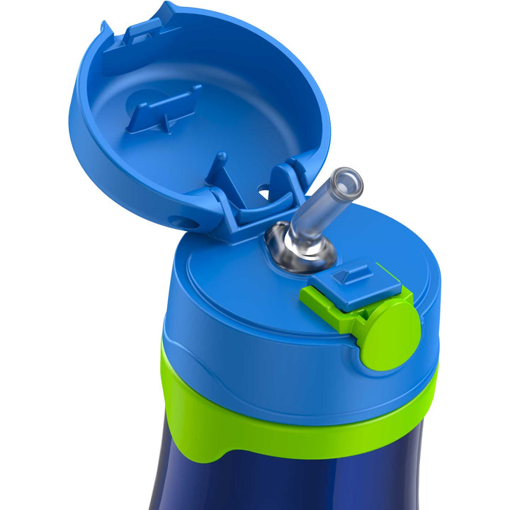 10 ounce Thermos Kids water bottle, Navy with lime green top view of lid open and straw.