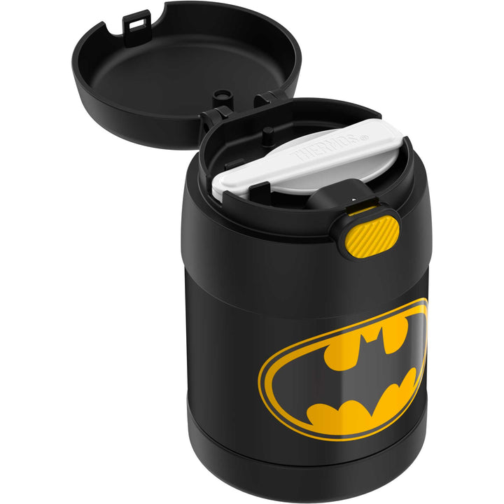 10 ounce Funtainer food jar, Batman with open lid to show spoon compartment with folded spoon.