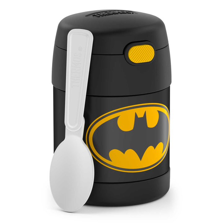 10 ounce Funtainer food jar, Batman with spoon unfolded and leaning against the jar.