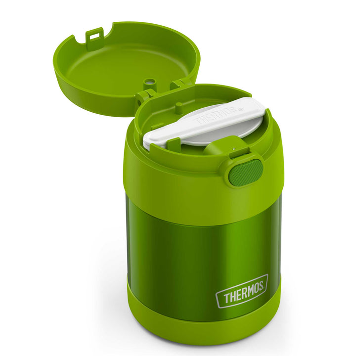 10 ounce Funtainer food jar, spoon compartment open to show foldable spoon.