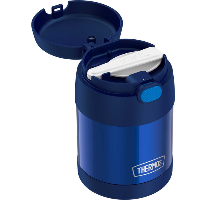 10 ounce Funtainer food jar, spoon compartment open to show foldable spoon.