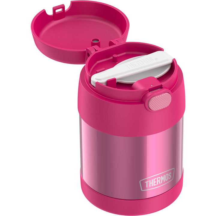10 ounce Funtainer food jar, spoon compartment open to show foldable spoon.