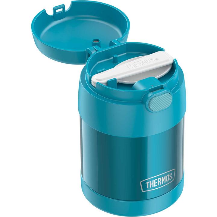 10 ounce Funtainer food jar, spoon compartment open to show foldable spoon.