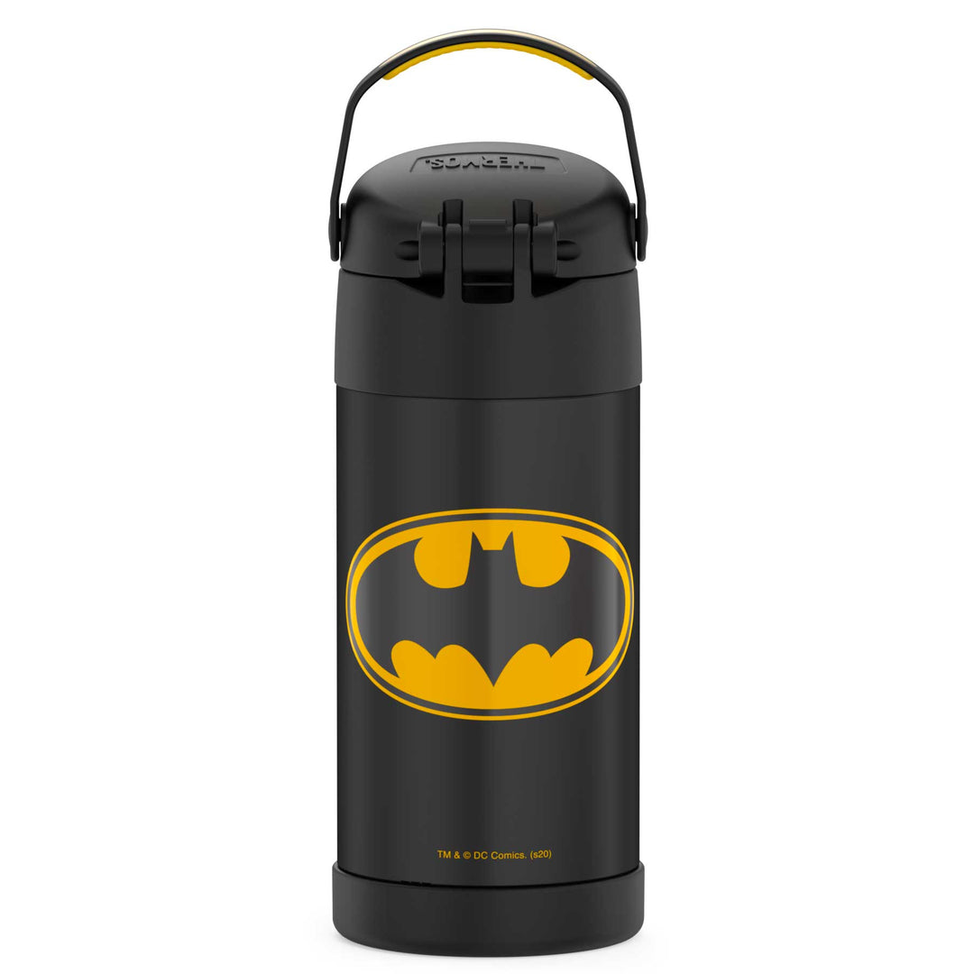 12 ounce Funtainer water bottle, back view, handle up, Batman.