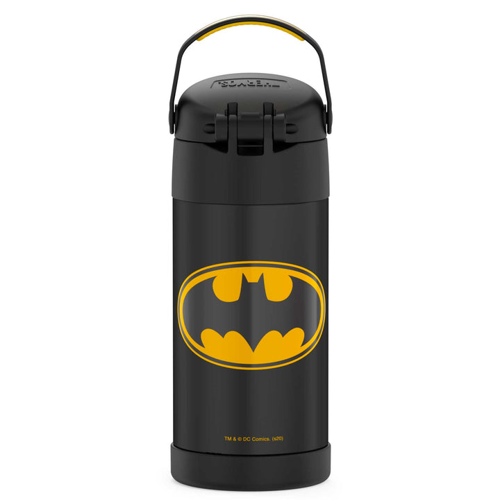 12 ounce Funtainer water bottle, back view, handle up, Batman.