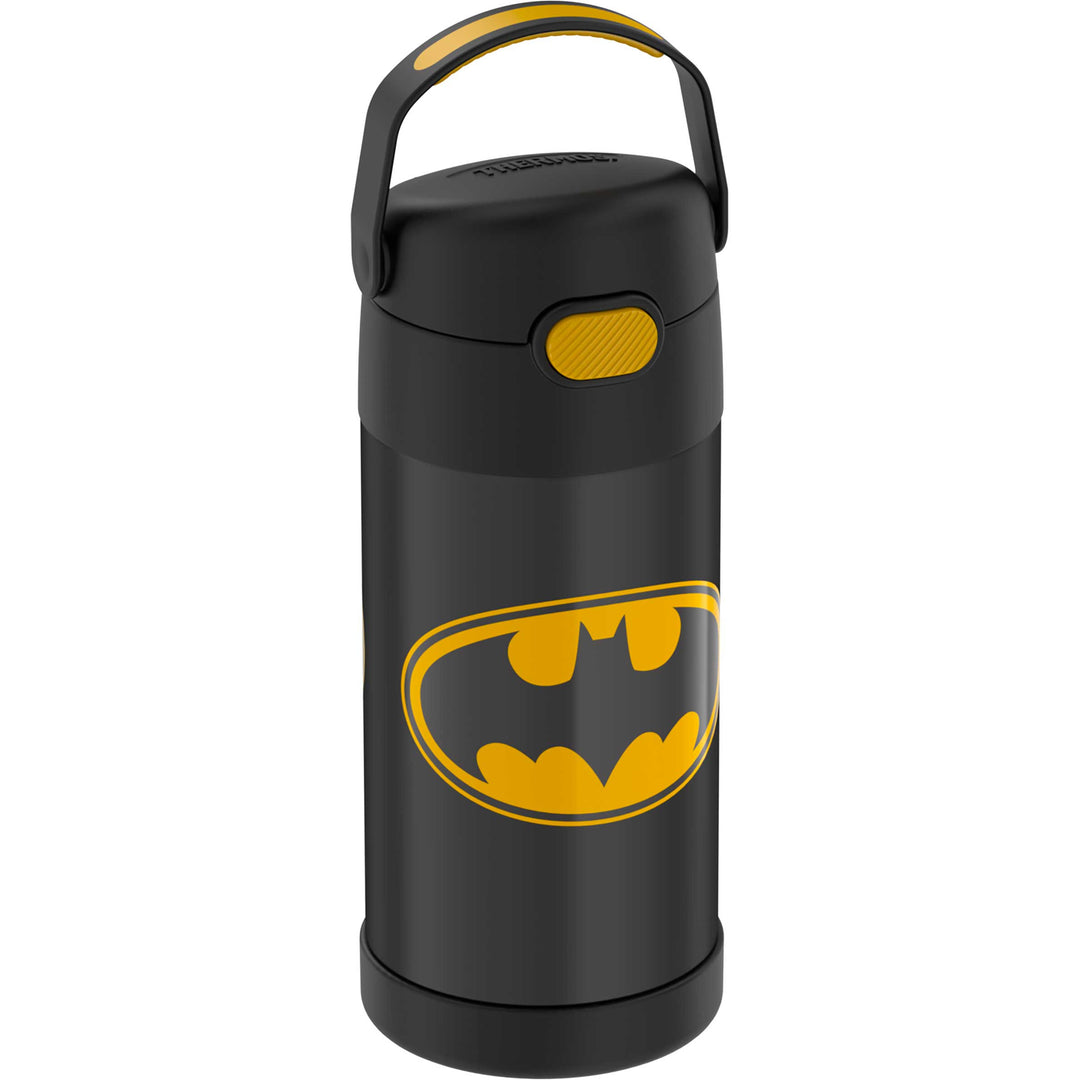 12 ounce Funtainer water bottle, side view, handle up, Batman.