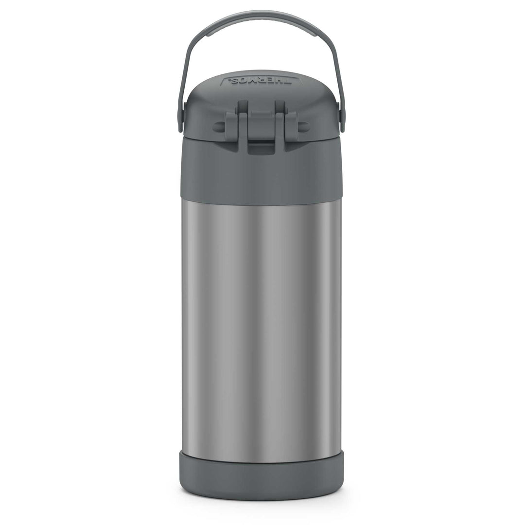 12 ounce Funtainer water bottle, back view, grey.