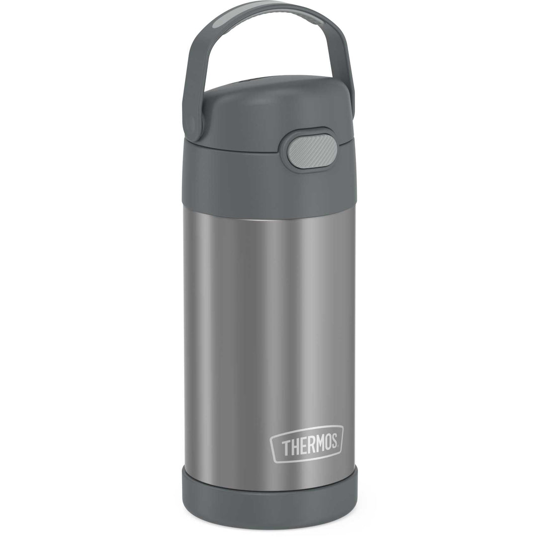 12 ounce Funtainer water bottle, side view, grey.