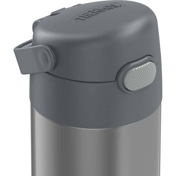 12 ounce Funtainer water bottle, grey, closed lid.