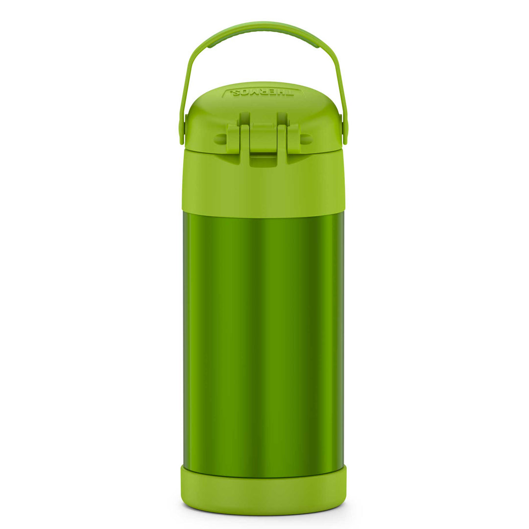 12 ounce Funtainer water bottle, back view, lime green.