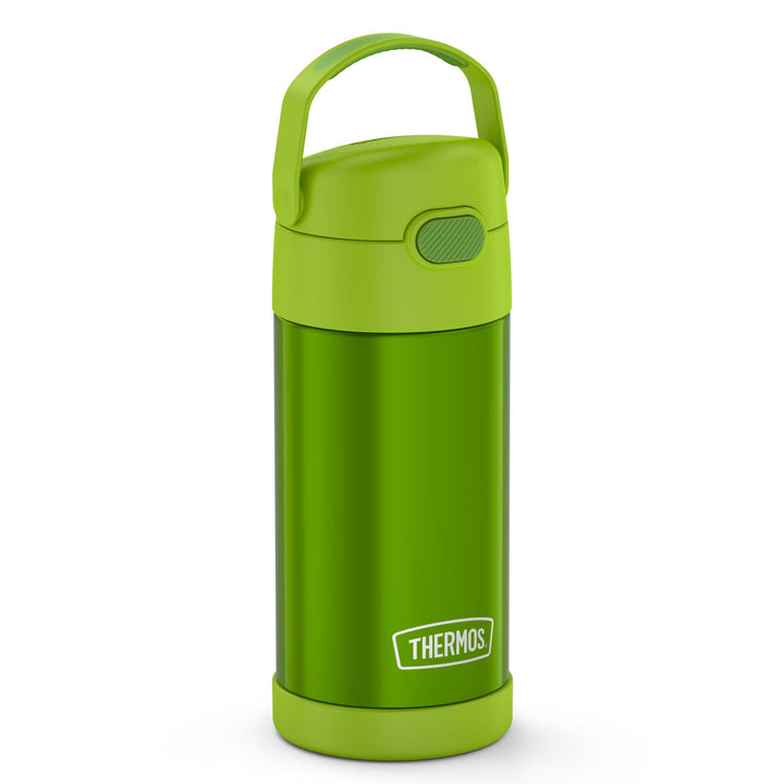 12 ounce Funtainer water bottle, side view, lime green.