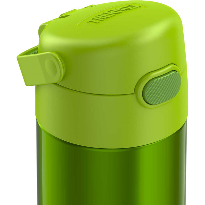 12 ounce Funtainer water bottle, lime green, closed lid.