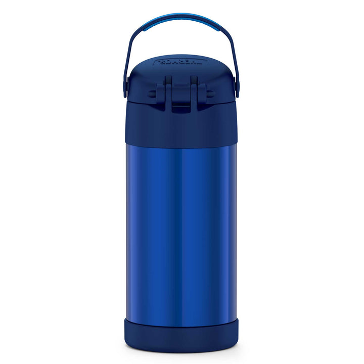 12 ounce Funtainer water bottle, back view, navy blue.