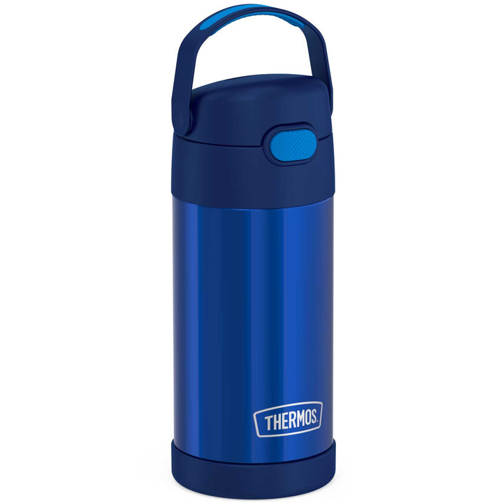 12 ounce Funtainer water bottle, side view, navy blue.