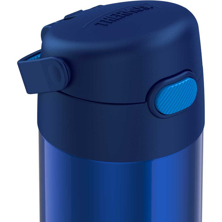 12 ounce Funtainer water bottle, navy blue, closed lid.