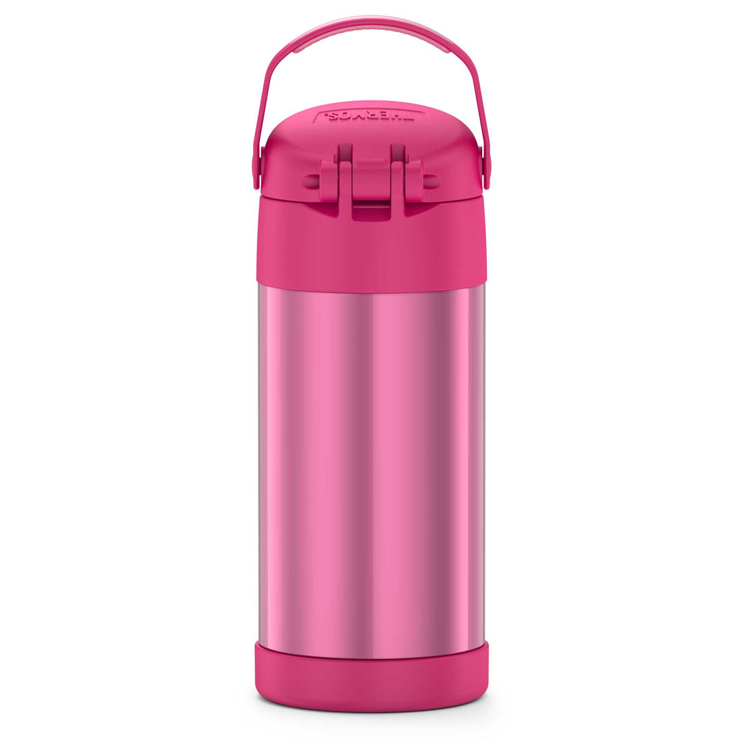 12 ounce Funtainer water bottle, back view, pink.