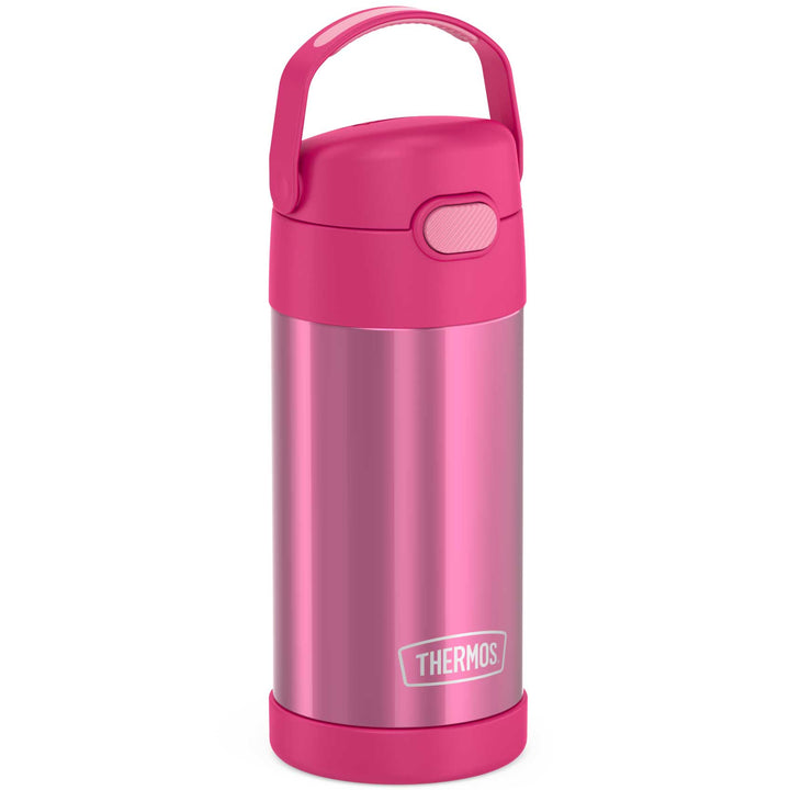 12 ounce Funtainer water bottle, side view, pink.