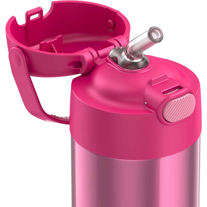 12 ounce Funtainer water bottle, lid inset, pink.