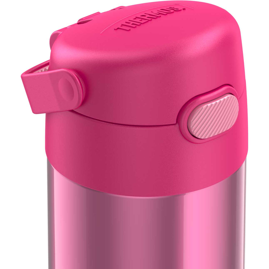 12 ounce Funtainer water bottle, lid closed, pink.