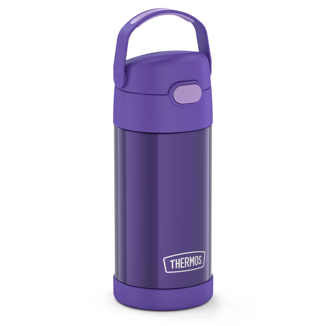 12 ounce Funtainer water bottle, side view, purple.