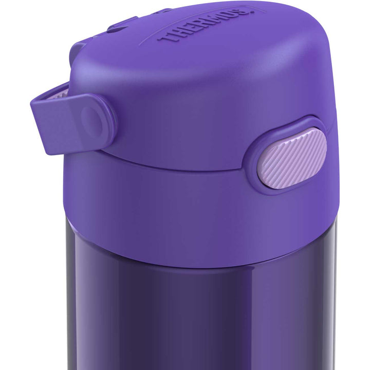 12 ounce Funtainer water bottle, lid closed, purple.