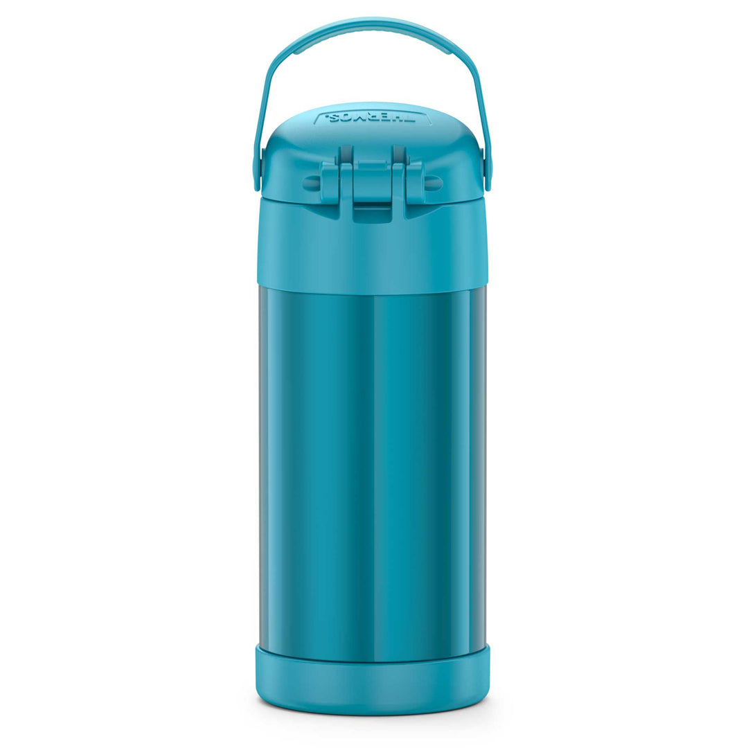 12 ounce Funtainer water bottle, back view, teal.