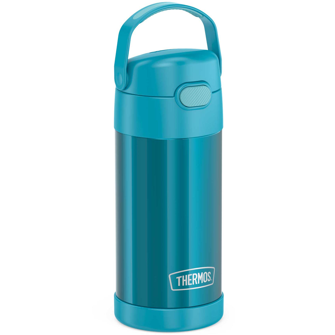 12 ounce Funtainer water bottle, side view, teal.