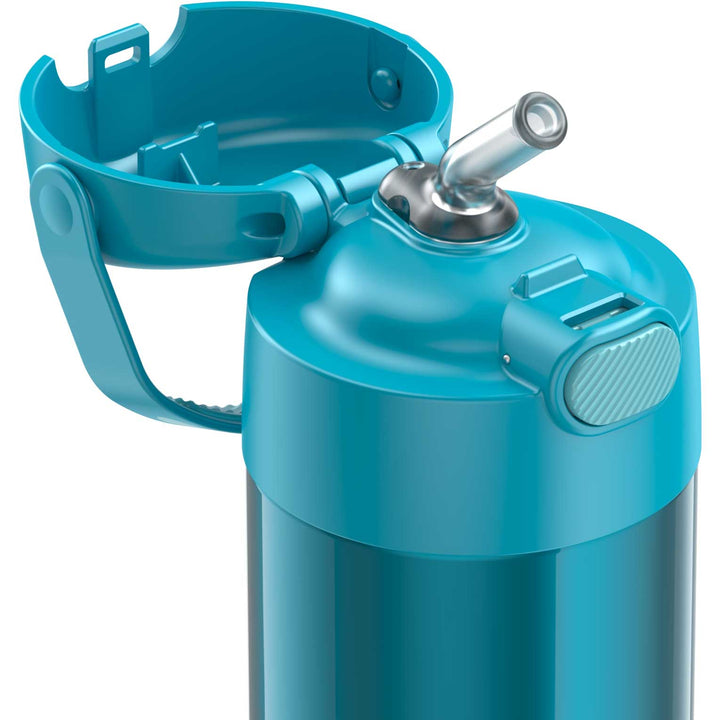 12 ounce Funtainer water bottle, straw inset, teal.