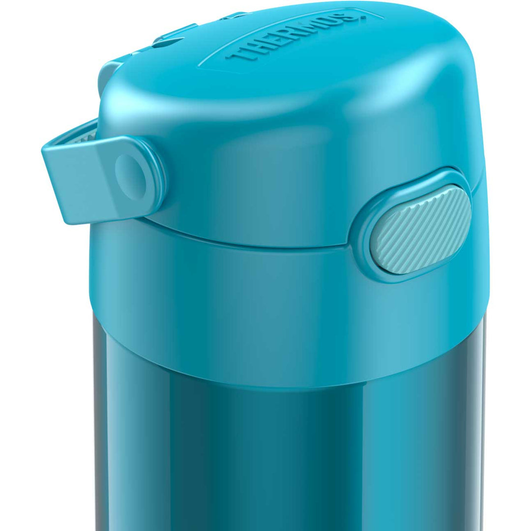 12 ounce Funtainer water bottle, closed lid, teal.