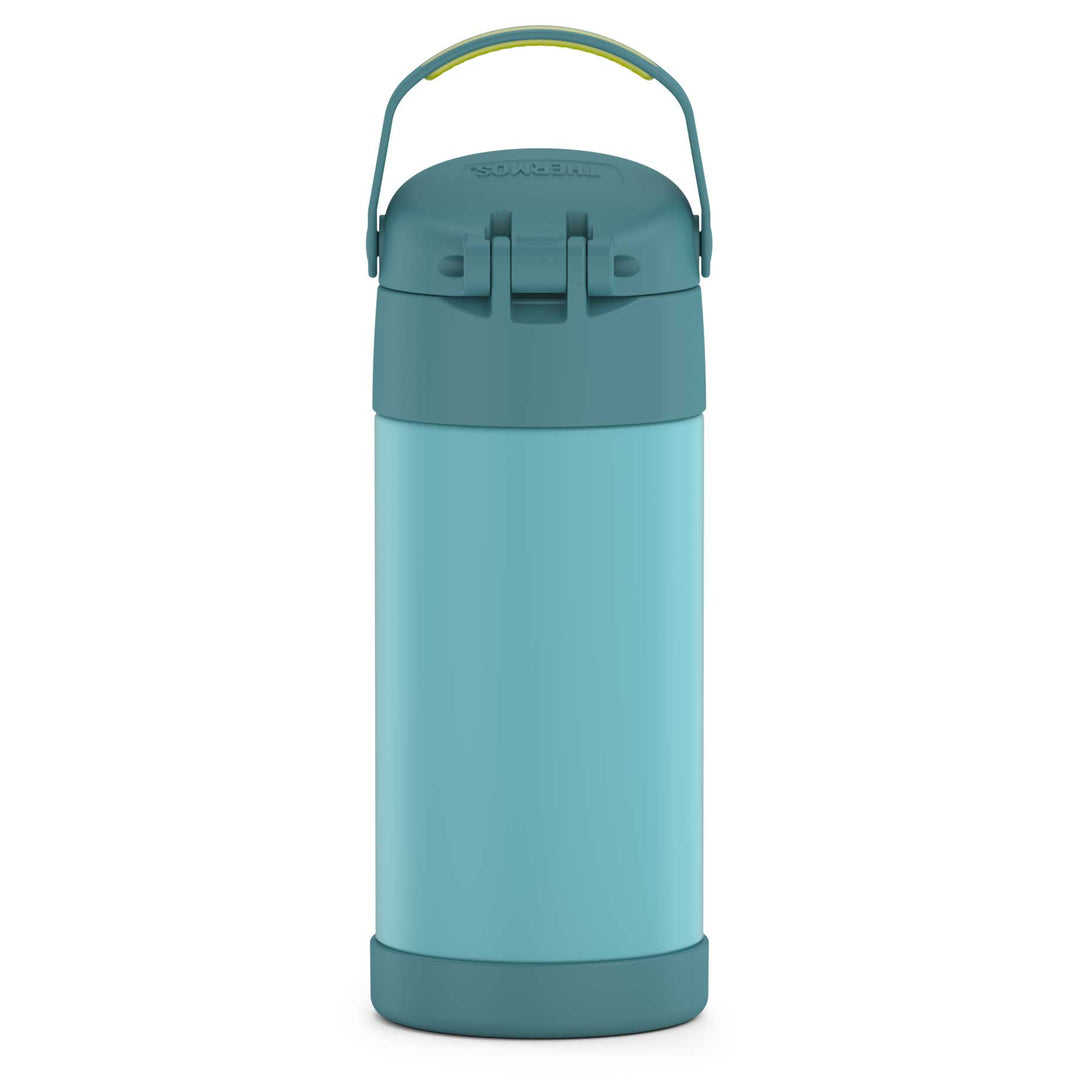 12 ounce Funtainer water bottle, back view, blue and green.