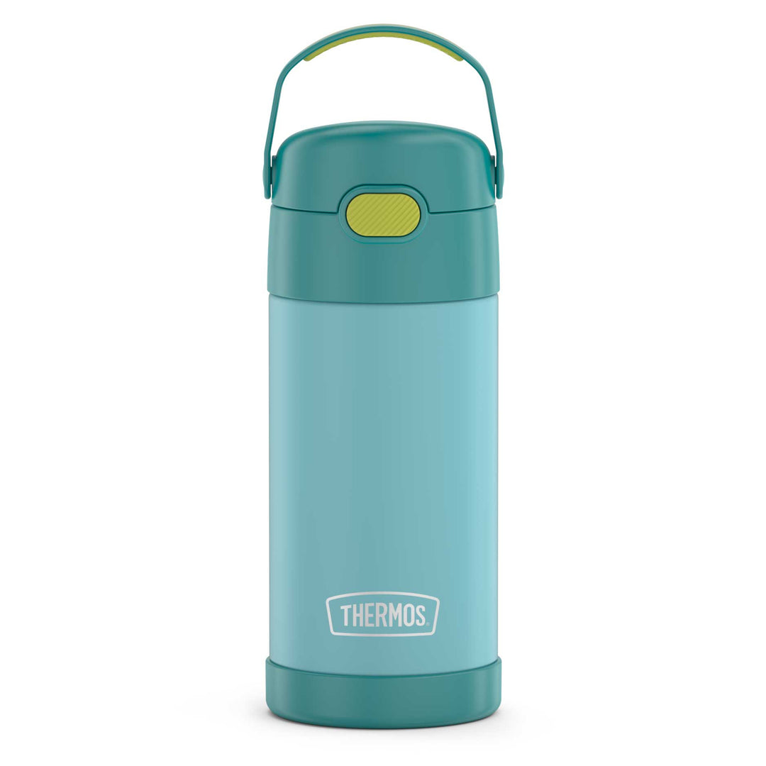 12 ounce Funtainer water bottle, front view, blue and green 