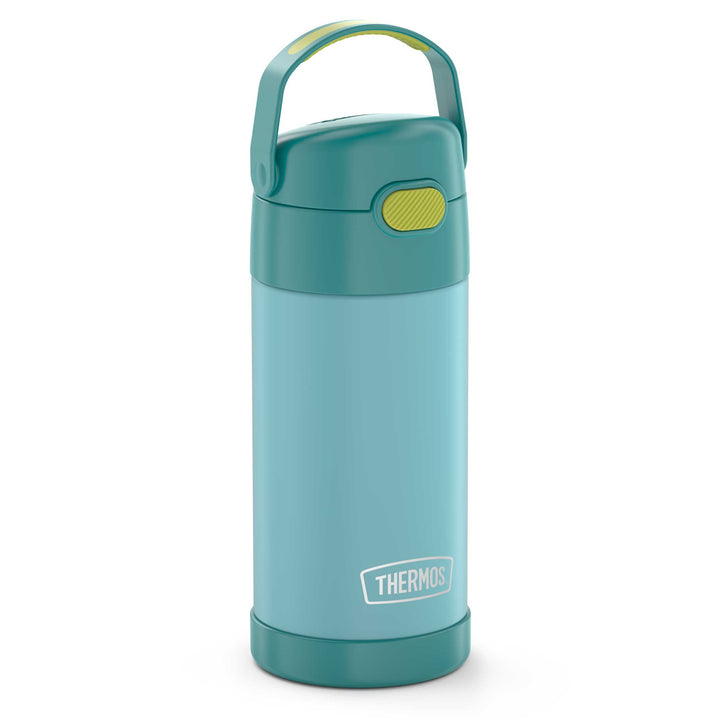 12 ounce Funtainer water bottle, side view, blue and green.