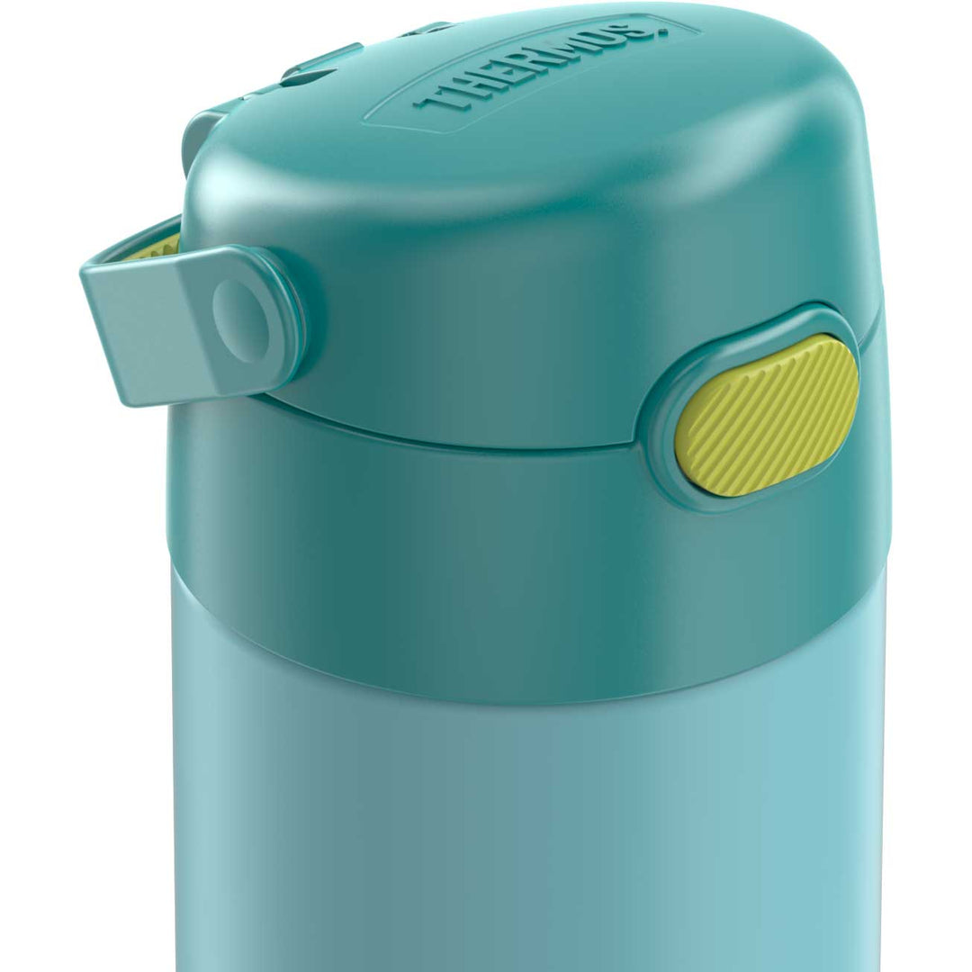 12 ounce Funtainer water bottle, blue and green, lid inset.