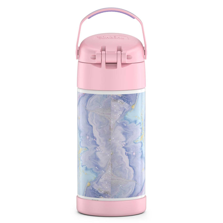 12 ounce Funtainer water bottle, back view, handle up, pastel marbled Dreamy Pattern.