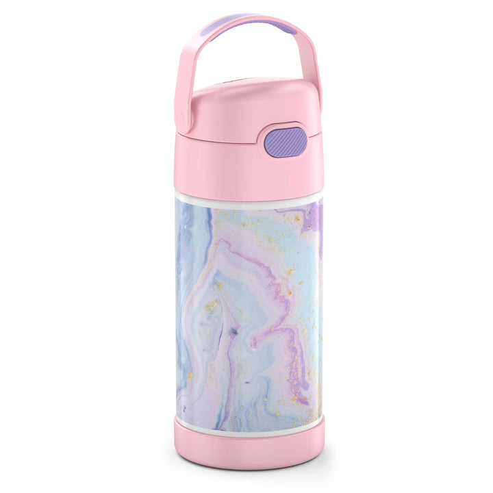 12 ounce Funtainer water bottle, side view, handle up, pastel marbled Dreamy Pattern.