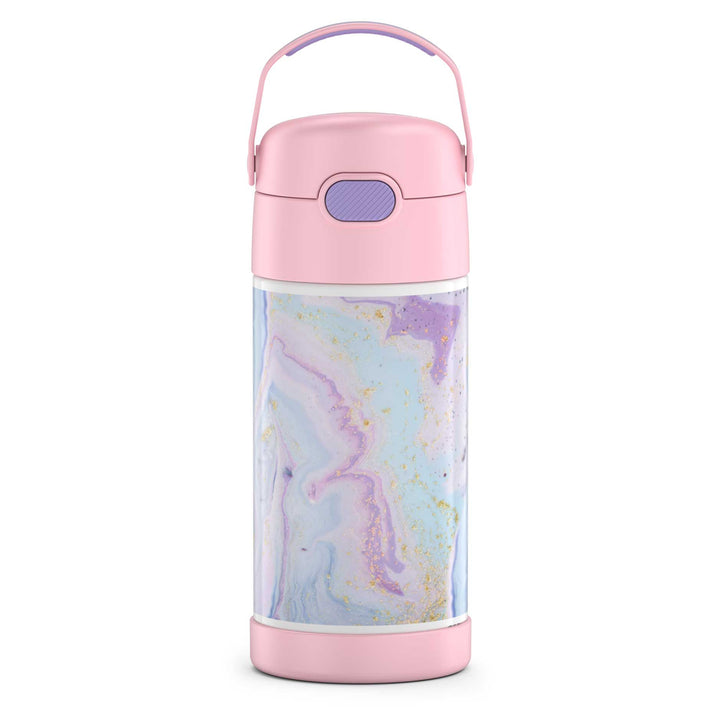 12 ounce Funtainer water bottle with handle up, pastel marbled Dreamy Pattern.