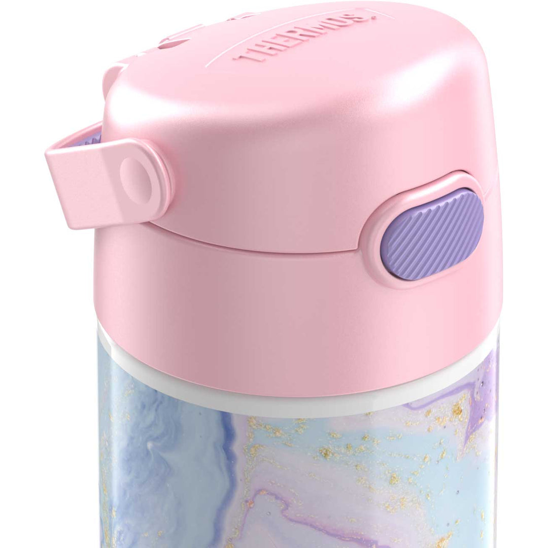 12 ounce Funtainer water bottle, pastel marbled Dreamy Pattern, closed lid.