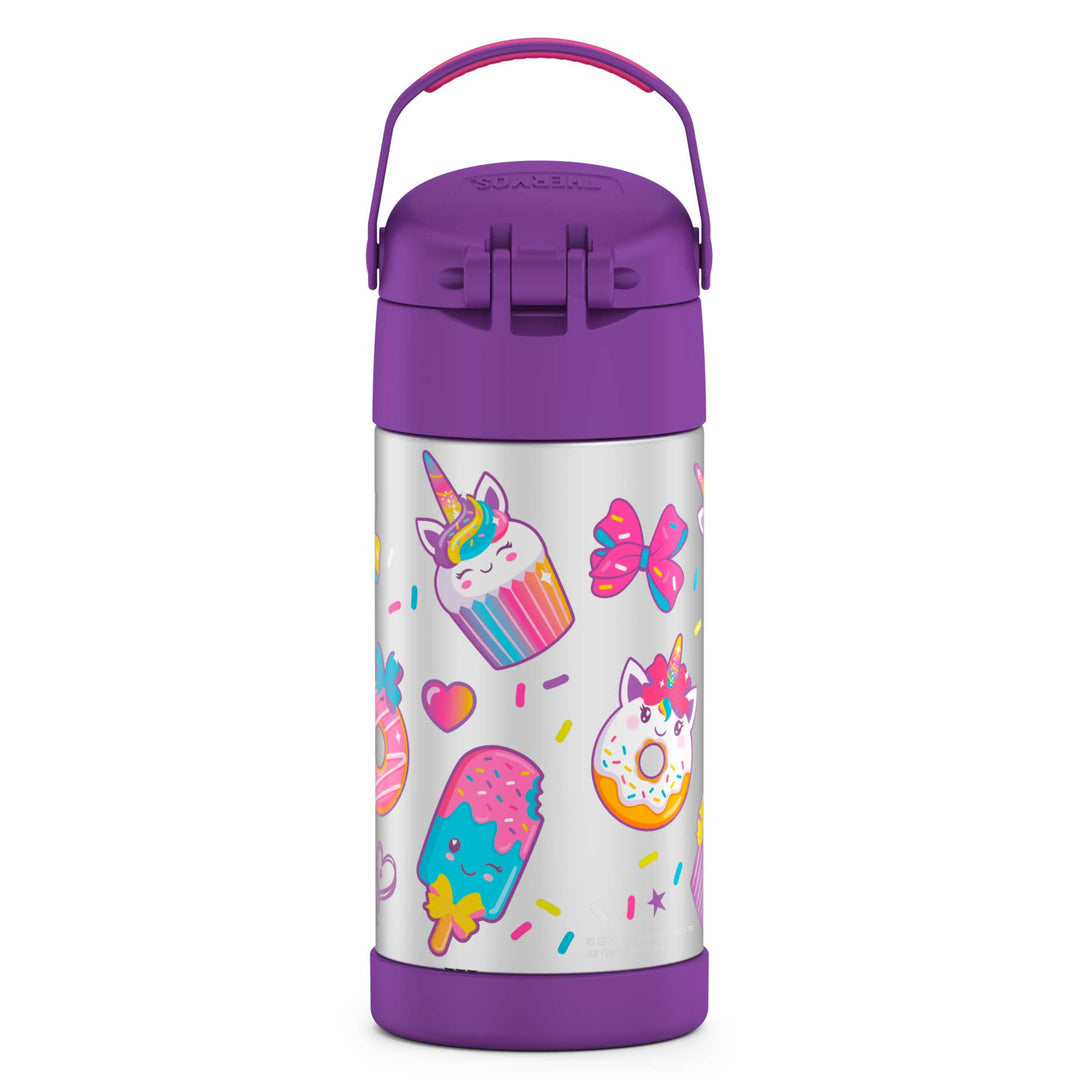 12 ounce Funtainer water bottle, back view, handle up, JoJo Siwa.