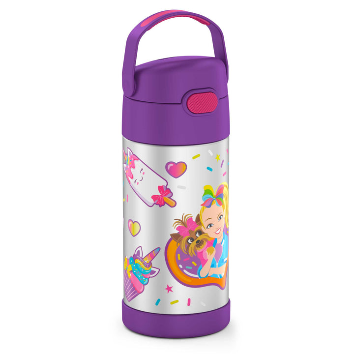 12 ounce Funtainer water bottle, side view, handle up, JoJo Siwa.