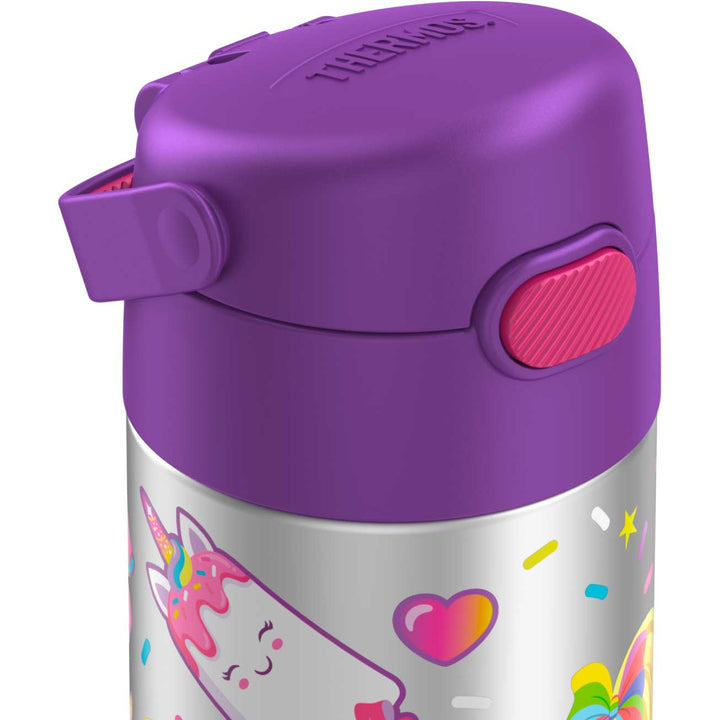 12 ounce Funtainer water bottle, JoJo Siwa, closed lid.