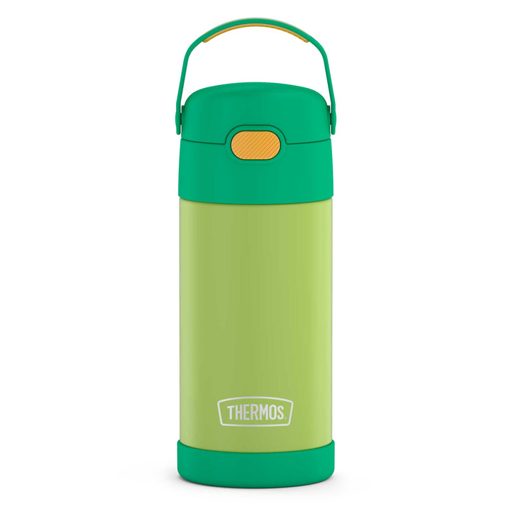 12 ounce Funtainer water bottle, lime and orange, front view.